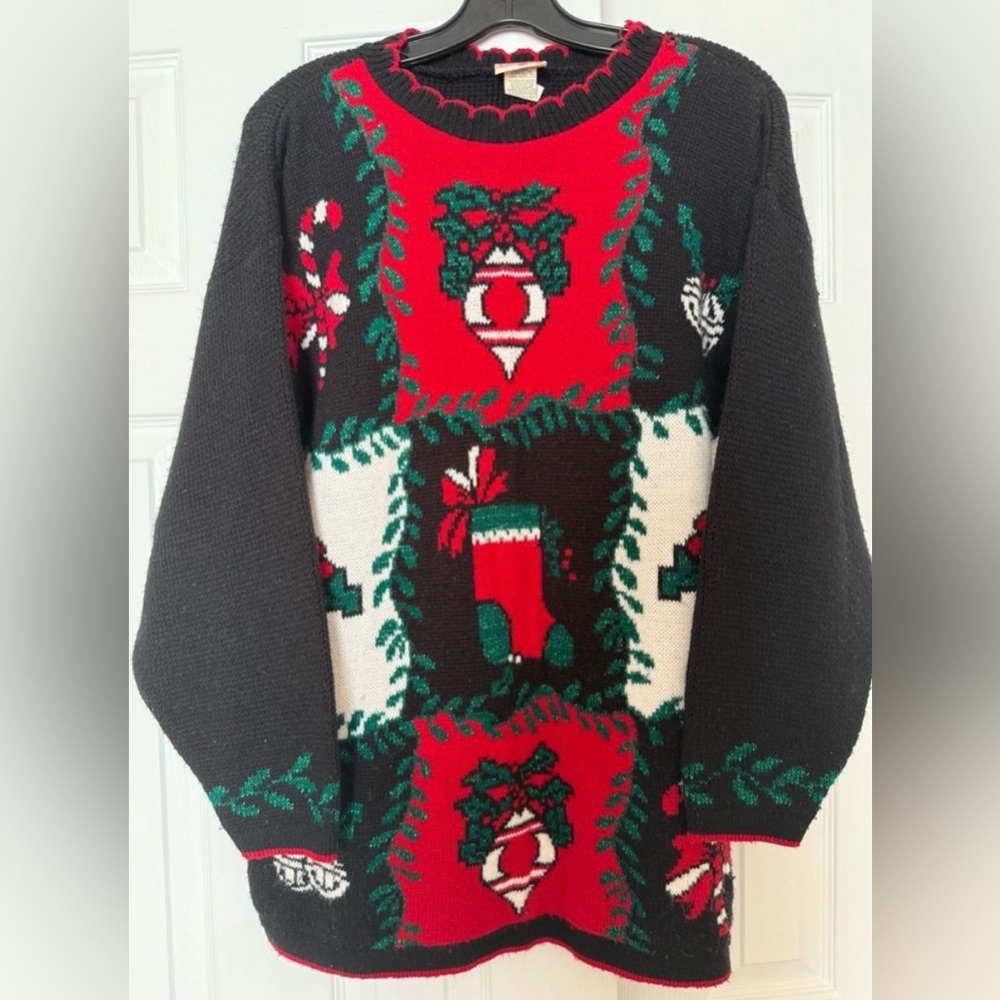 VTG Holiday Time Black and Red Sweater Glittered Ugly Christmas Ornament Size S